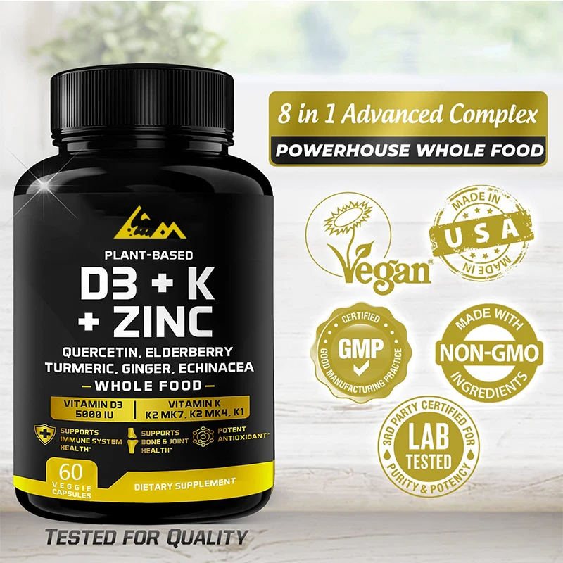 

Vitamin D, K2, K1, Zinc, Quercetin, Elderberry, Turmeric, Ginger, and Echinacea Whole Foods Supplement 8-in-1