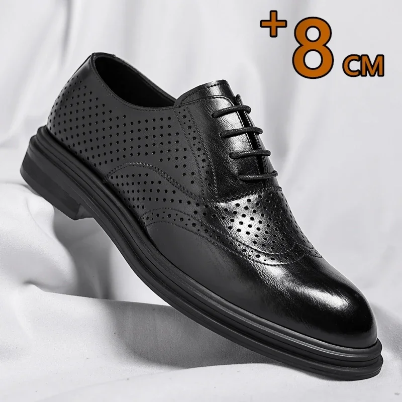 Spring Summer Men Hollow Platform High Heel 6/8 CM Height Growth Formal Men Derby Leather Shoes Man Wedding Dress Elevator Shoes