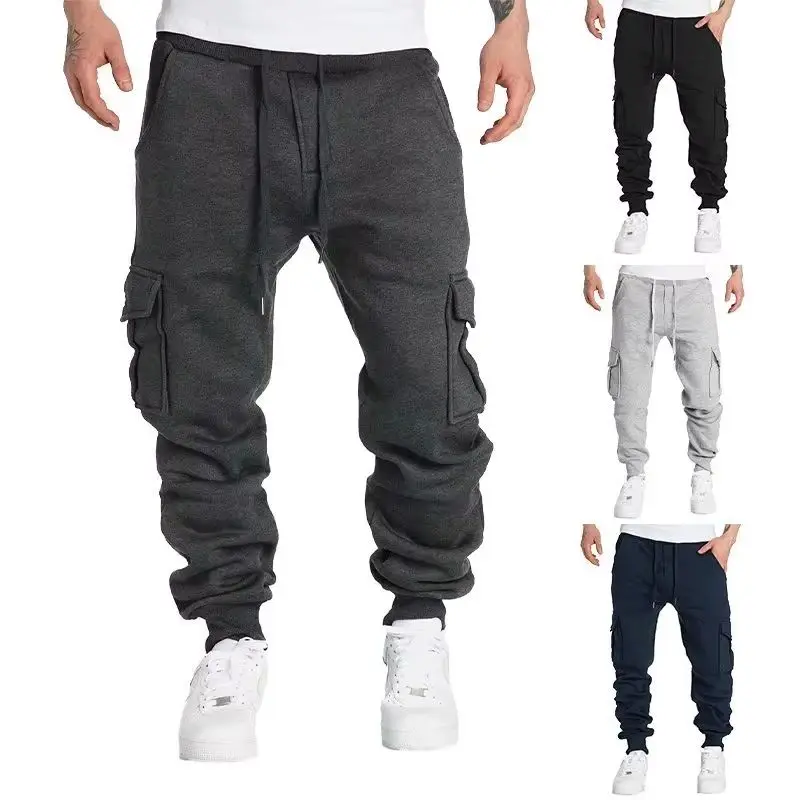 

2025New men's fitness casual pants fashion brand large size men's solid color multi-pocket bunched feet American tracksuit pants