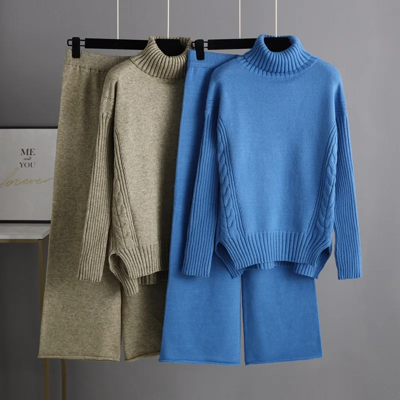 

Muslim Sets Women Sweater Turtleneck Pullover 2 Piece Suit Knitted Wide Leg Pants Outfits Knitwear Ensemble 2025 Autumn Winter