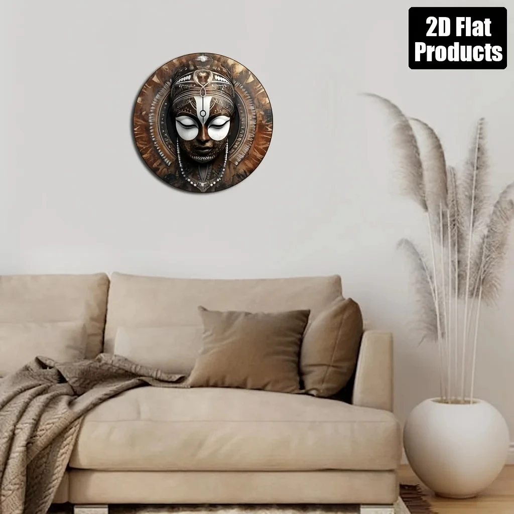 2D Flat, African Mask Wall Art - 20.32X 20.32cm Round Aluminum Metal Tribal Beaded Mask, Decorated with Coins and Cultural Patterns - H view 4