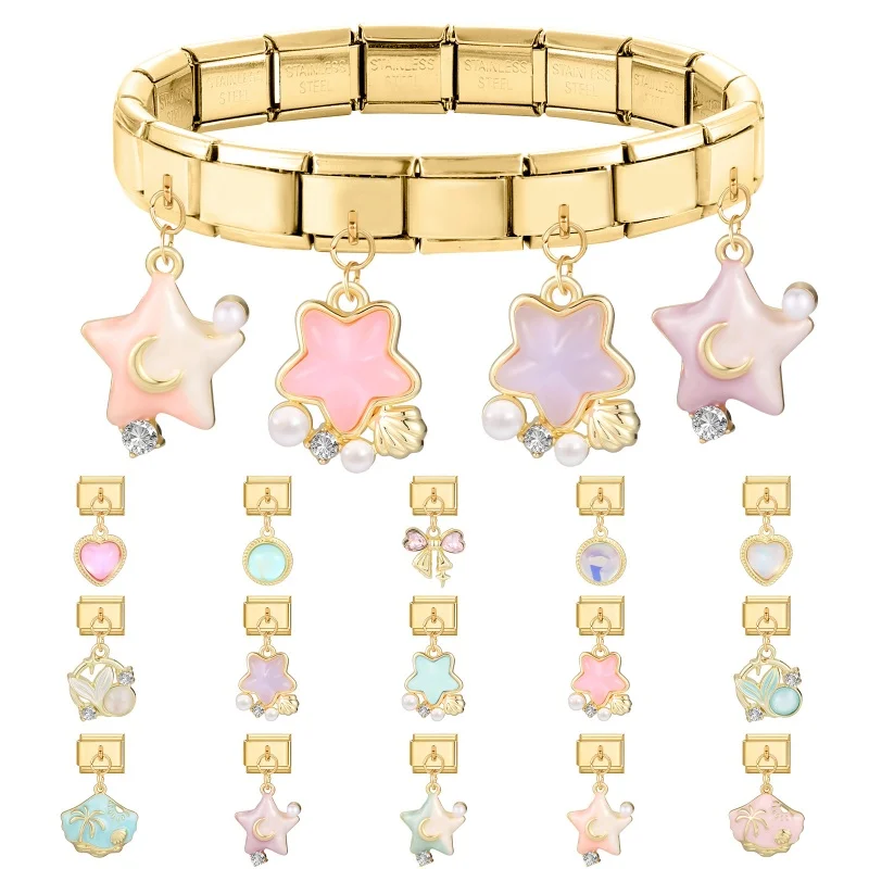 Gold Color Zircon Sakura Flowers Crown Butterfly Italian Charm Links Fit 9mm Stainless Steel Bracelet Men Women DIY Making Gifts