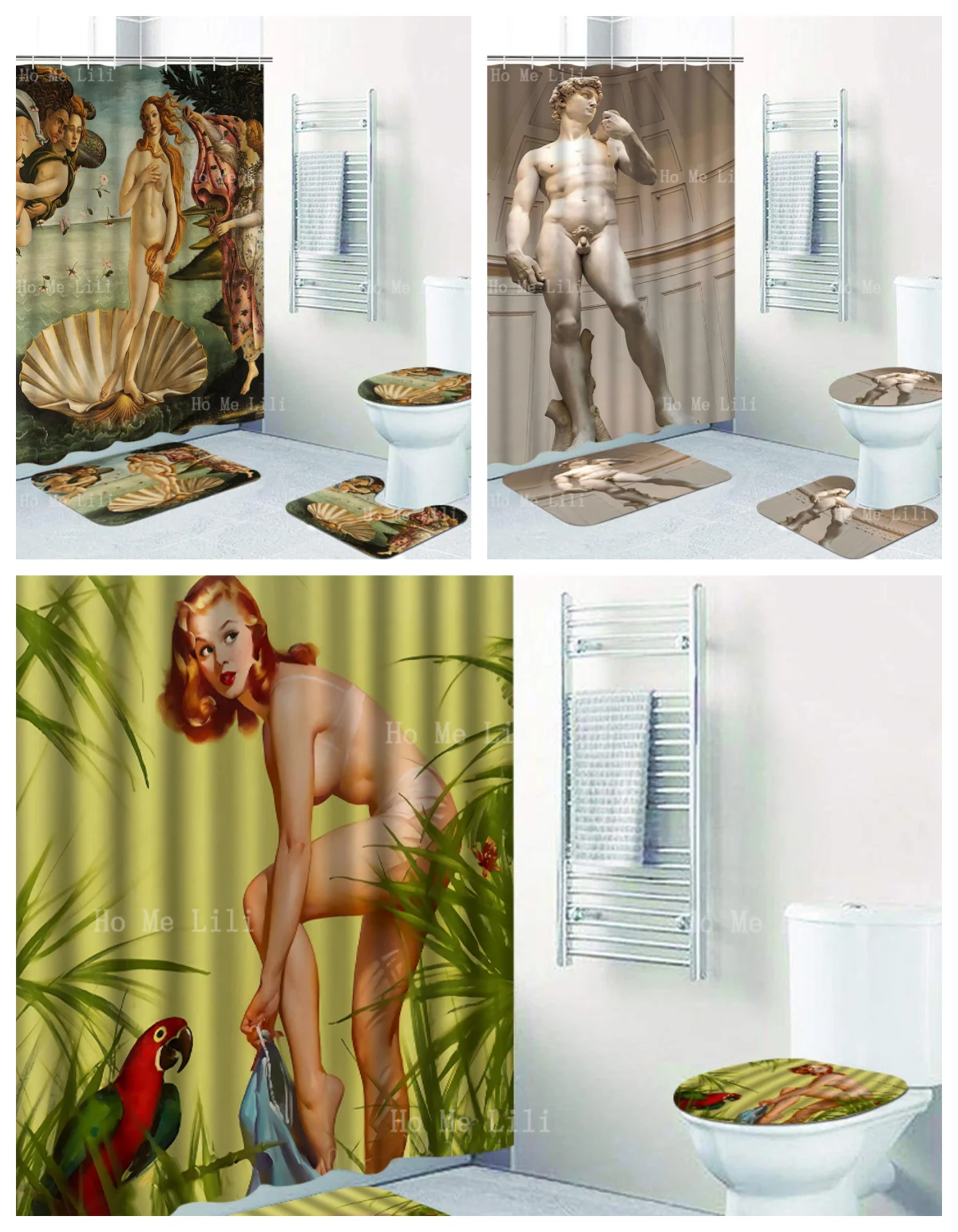 Goddess Venus Rising From The Sea On A Seashell Surrounded By Mythological Figures And Michelangelo Shower Curtain Sets With Rug