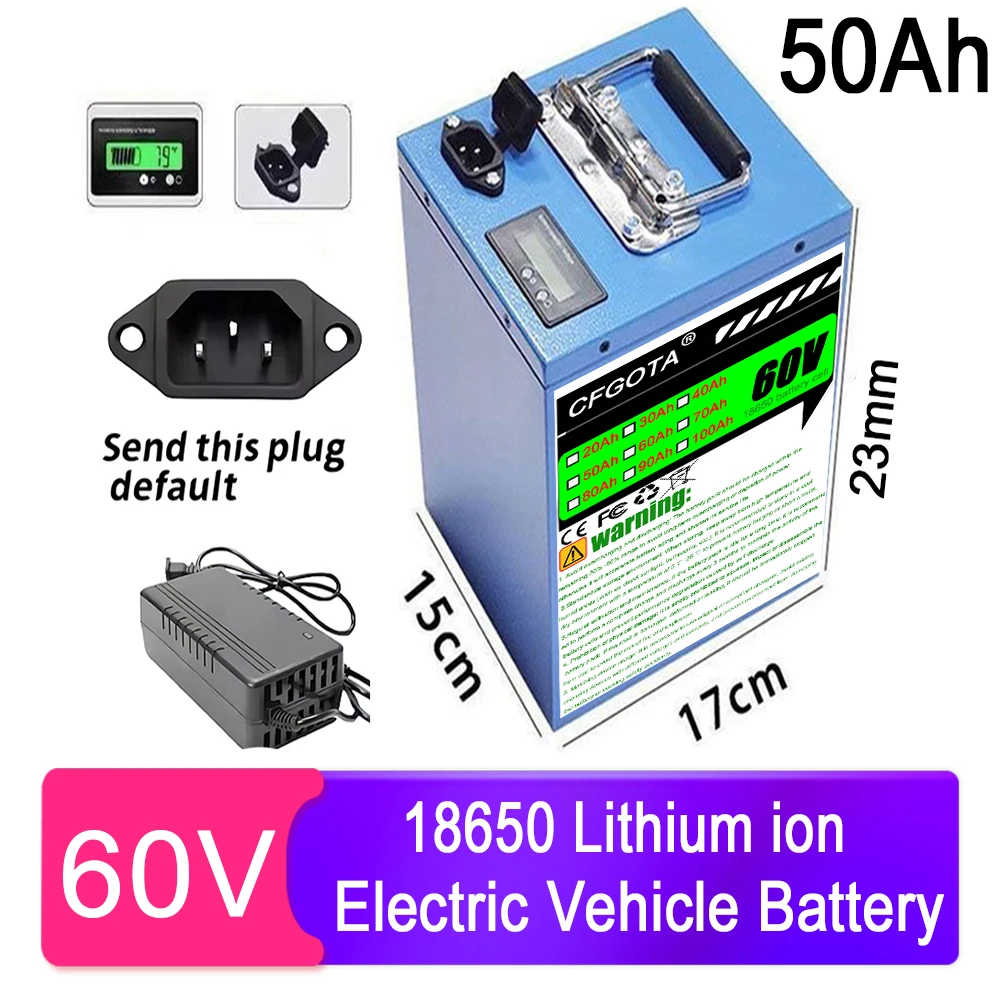 60v 100Ah Lithium Battery Pack 16S4P-16S10P 18650 2500W High Power Electric Vehicle Scooter Motorcycle Tricycle 67.2V Charger