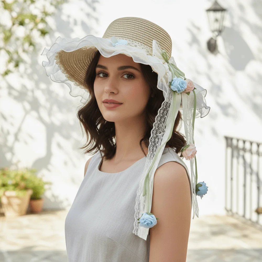 Elegant Rose Ruffle Edge Straw Hat Lace Ribbon Breathable Mesh Woven Sun Cap Lightweight Design UV Protection