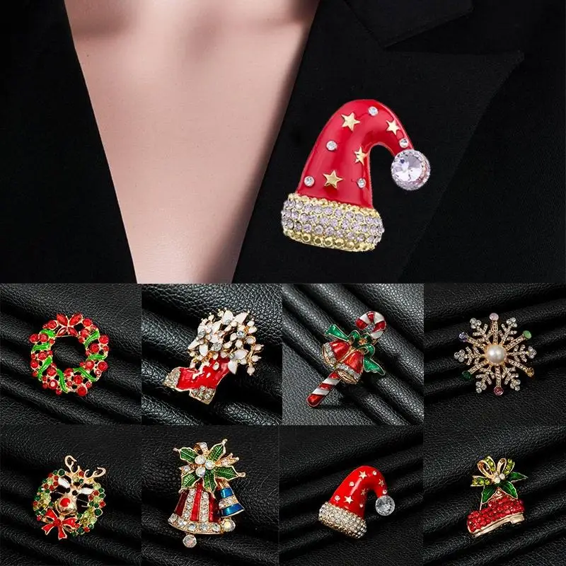 1PC Christmas Enamel Brooch Pins Rhinestone Xmas Tree Wreath Bell Metal Pins Jewelry Gift For Women Merry Christmas Decor Gifts