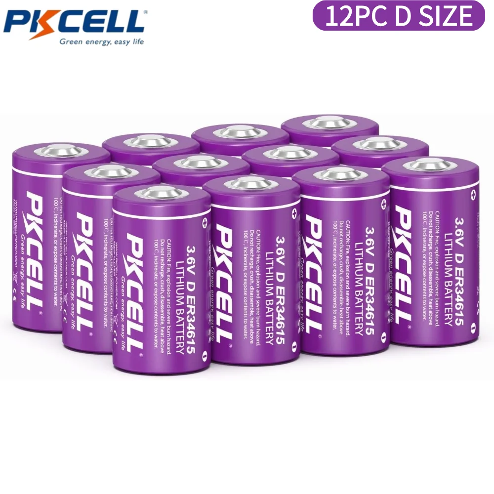 PKCELL 12-Count D Cell Lithium Battery ER34615 Li-SOCl2 Cylindrical Batteries with High Capacity 19000mAh