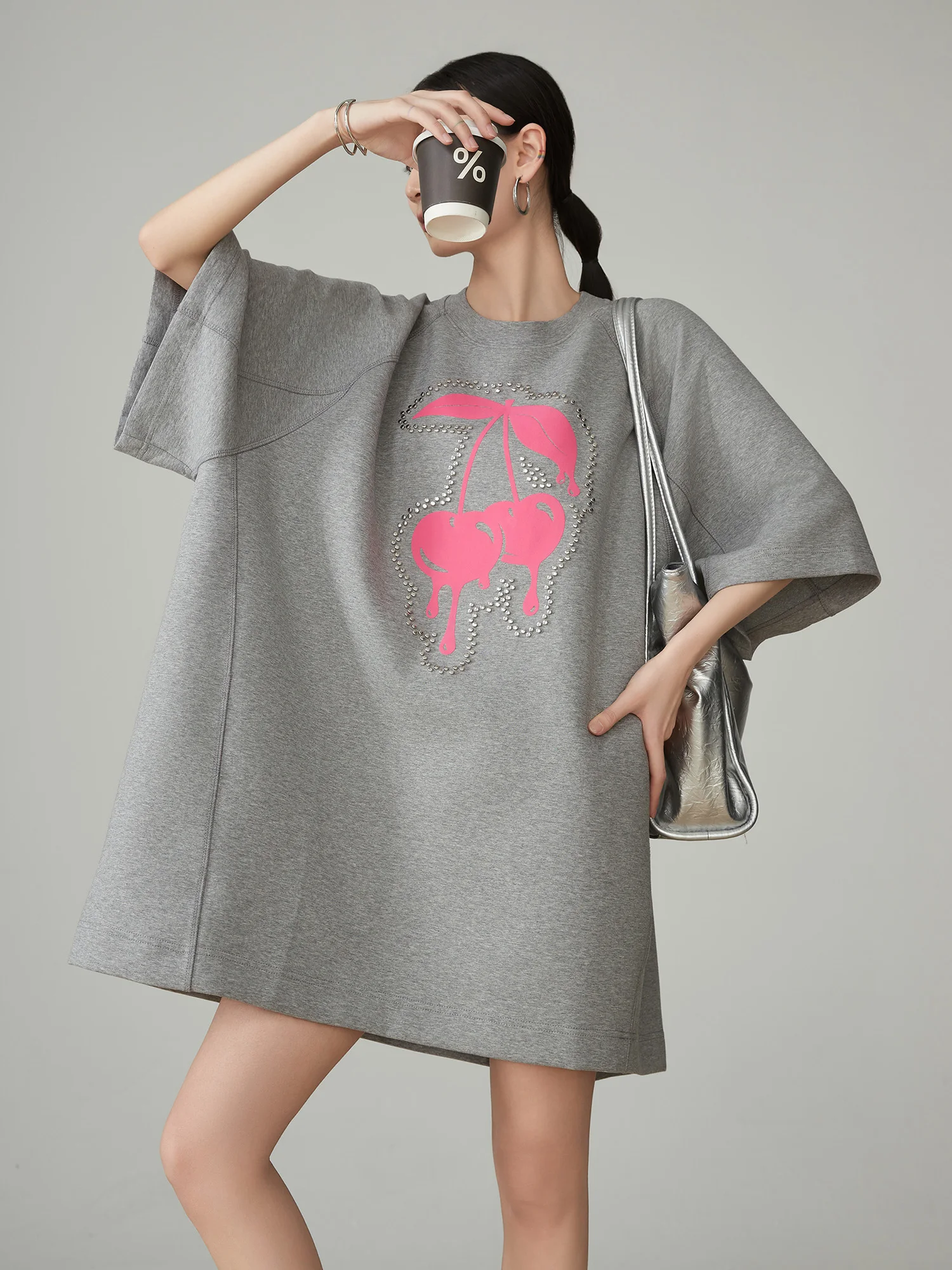 

ay Cherry Print Oversize Mid-Length f Sve T-irt Women's Heavy-Du Beaded Loose Fit Faion Commute Sle Top