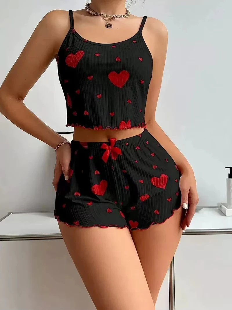 

New women's sleepwear camisole shorts two-piece set home wear heart-shaped printed underwear vest breathable and comfortable Hot
