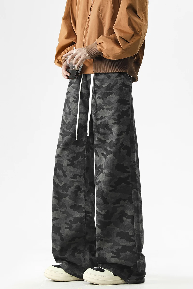 

Мужские прямые камуфляжные повседневные брюки, свободные модные уличные брюки с принтом в стиле хип-хоп, спортивные штаны на шнурке, мужские широкие брюки