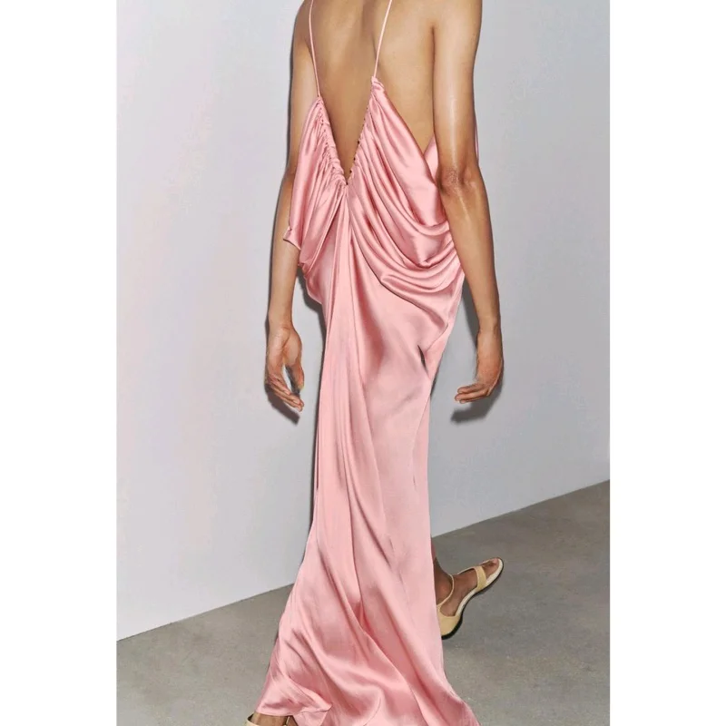 فستان نسائي صيفي جديد طويل من الحرير الساتان بياقة على شكل V مع تزيينات مطوية وخصر مرتفع على شكل حرف A من ألياف البوليستر بدو...