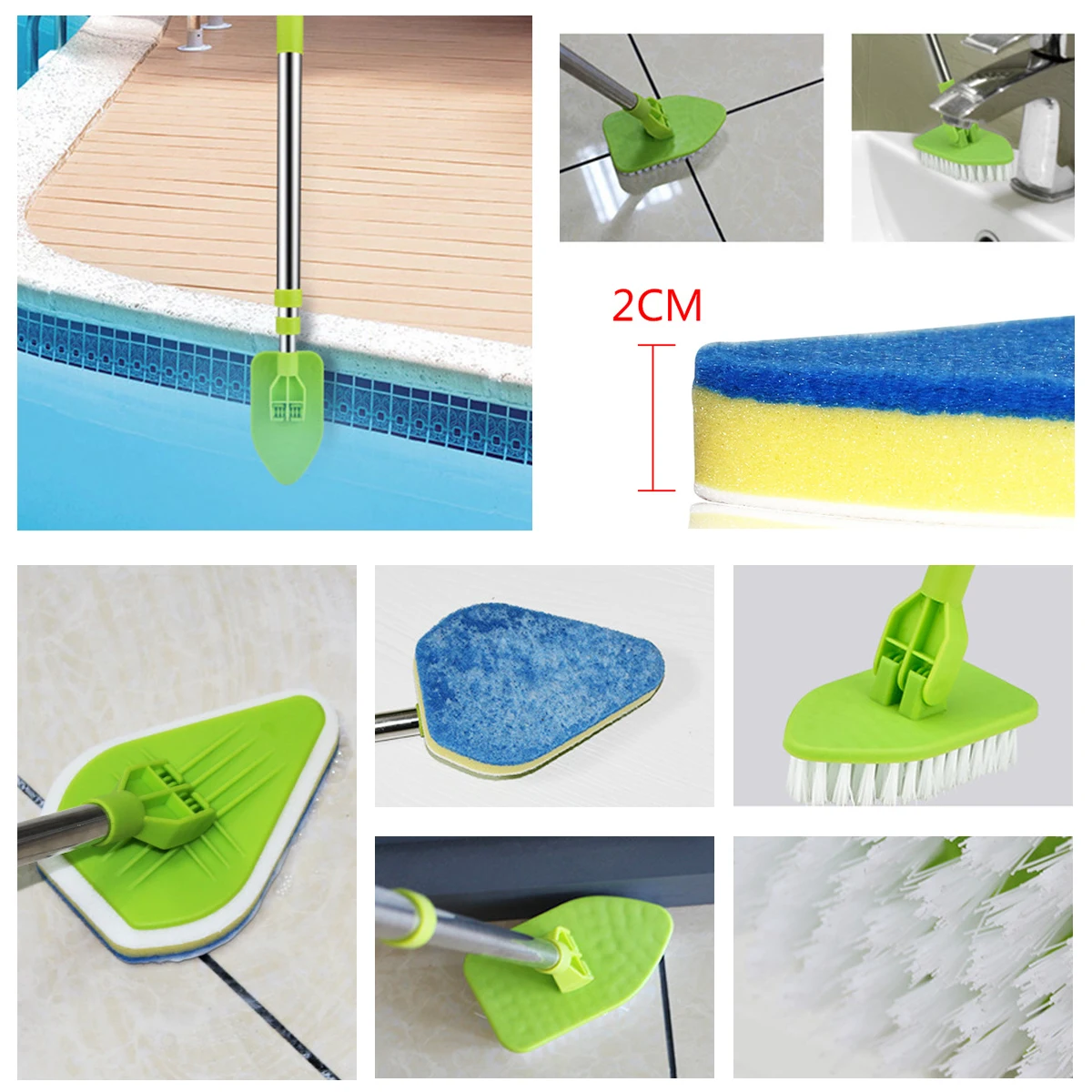 3 in 1 Long Handle Tile Scrubber Cleaning Brush Triangle Sponge Glass Wiper 180° Rotatable Retractable Bathroom Floor Cleaning