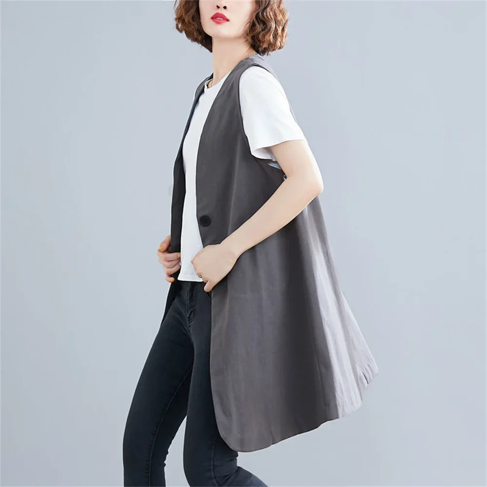 Cotton Linen Vest Women Waistcoat New Spring Summer Loose V-Neck Sleeveless Vest Top Long Grey Black Casual Vest Jacket V745