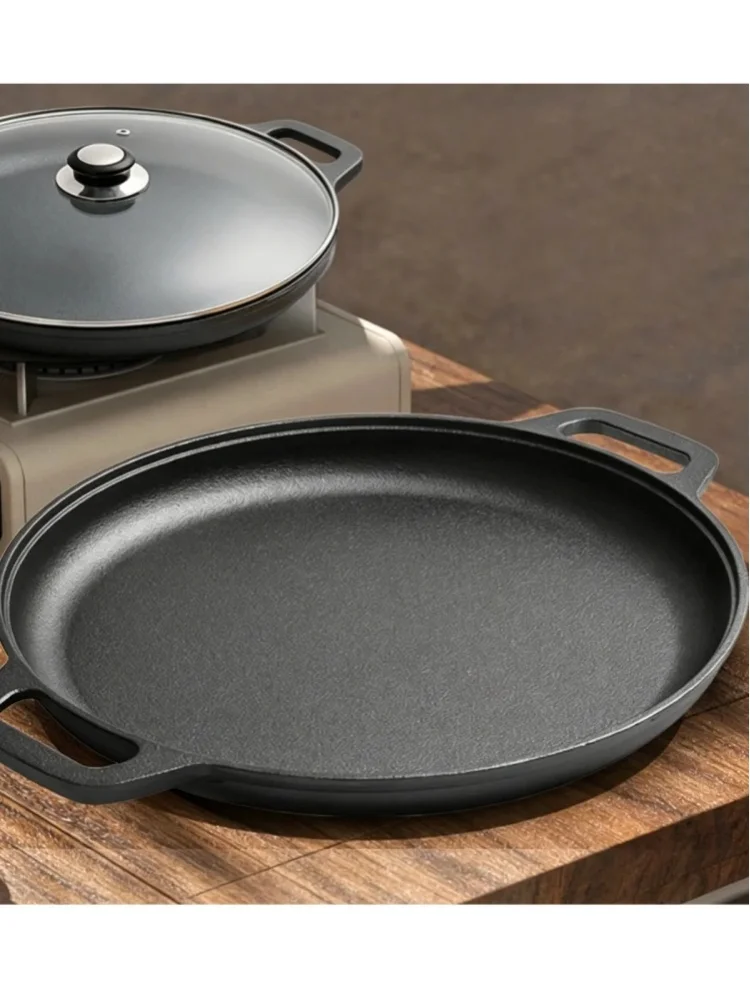 28cm Gusseisen-Bratpfanne Antihaft-Pizzapfanne Eierpfanne Pfannkuchenpfanne Steakpfanne Runde Grillplatte für Crêpes Pizza BBQ Camping Bratpfannen