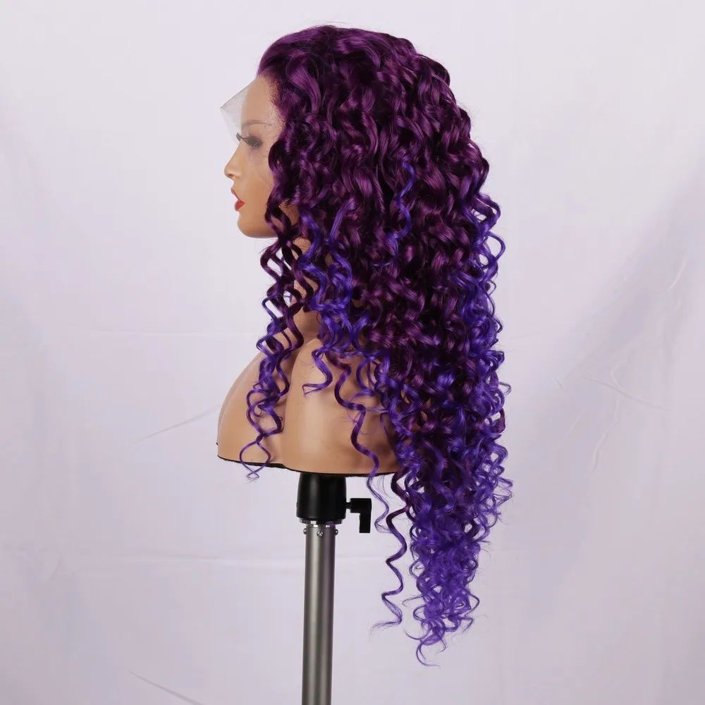 Ombre Purple Afro Curls Długie peruki Syntetyczna koronka z przodu Długie kręcone włosy dla kobiet