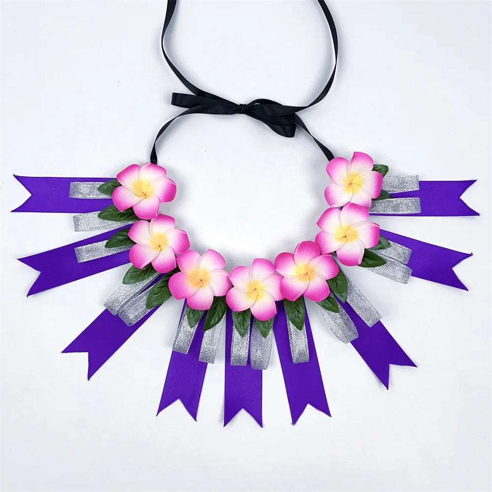 New Arrival Ribbon Short Lei With 7 Plumeria Flowers for Kids 32cm Pacific Island Festival Necklace Celebrations and Decorations