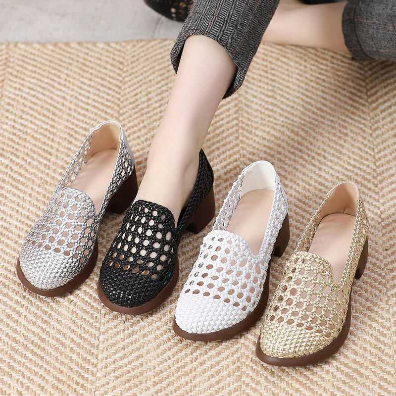 2024 Summer Hollow Woven Breathable Shoes Women Sandals Big Size Thick Heels Genuine Leather Shoes Summer Casual Sandals