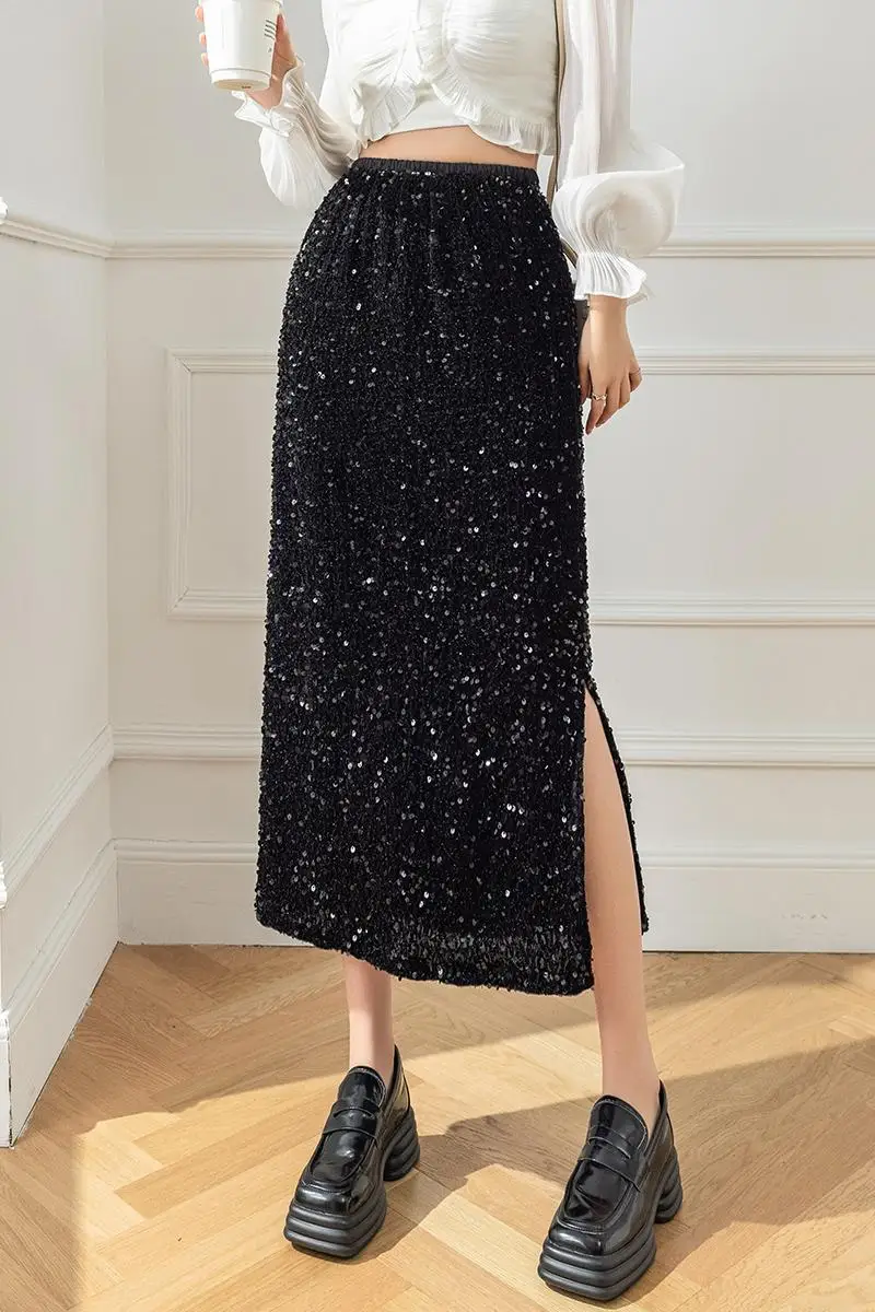 2024 Spring and Autumn New Light Luxury Sequin Split Skirt Women's Small, Medium Length Loose Straight Skirt