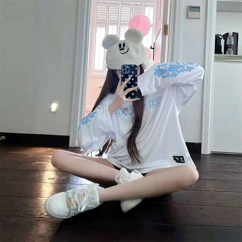 

Шелковистая гладкая футболка с длинным рукавом и V-образным вырезом, синяя, с принтом, для девочек, весна-осень, повседневная, свободного кроя, из полиэстера, двухслойная, премиум-класса