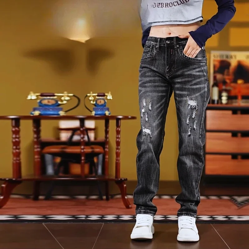 

Retro Distred Straight Leg Jeans Men's High Elastici Casual Faion Cotton Denim Pants Wear Resistant Spring Summer