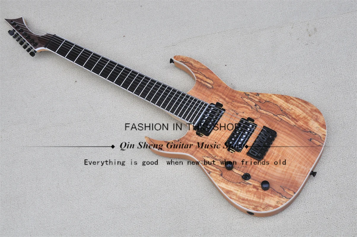 Left Hand 7 String Electric Guitar, Black Ma Guitar,Quilted Maple Veneer,Mahogany Neck ASH Wood Body