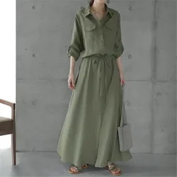 Women 2023 Vintage Long Sleeve Maxi Dress Shirt Polo Neck Loose Casual A-line Lace Up Solid Single Breasted Breathable Cool