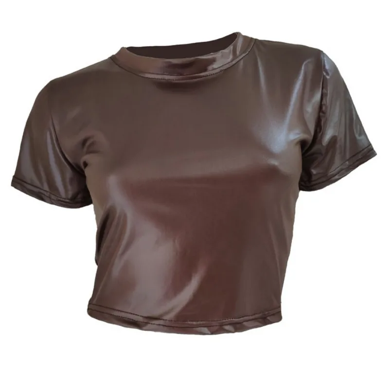Woman Sexy PU Leather Short-sleeved Shirt Erotic Shaping Sheath Latex Tops Casual T-shirts Women Patent Leather Sexi