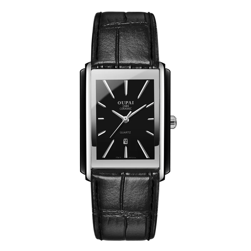OUpai прямоугольная черная керамика между циферблатом из нержавеющей стали, кожаным ремешком, японским кварцевым механизмом, простая роскошь в деловом стиле