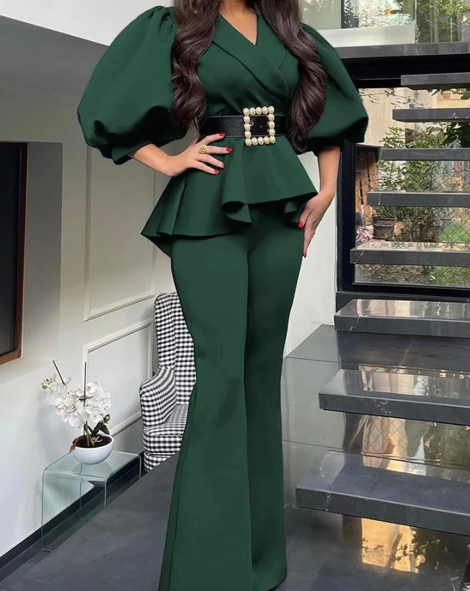 Elegant 2-Piece Pantsuit Puff Solid Color Lantern Sleeve Beading Belt Decor Ruffles Top Blouse & Flared Pants Set Office Lady