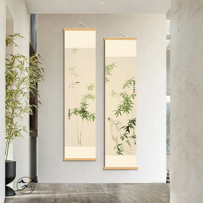 Chinese Modern Bamboo Wall Painting, Vertical Scroll Ink Art for Hotel Guest Room Study Bedroom Background Wall,  Home Decor