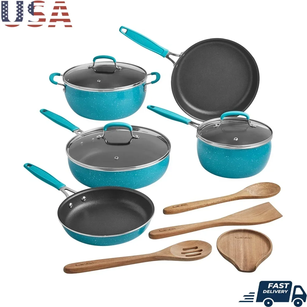 

12 Piece Nonstick Aluminum Cookware Set with Glass Lids Acacia Wood Utensils Dishwasher Safe Kitchen Essentials Cooking Set