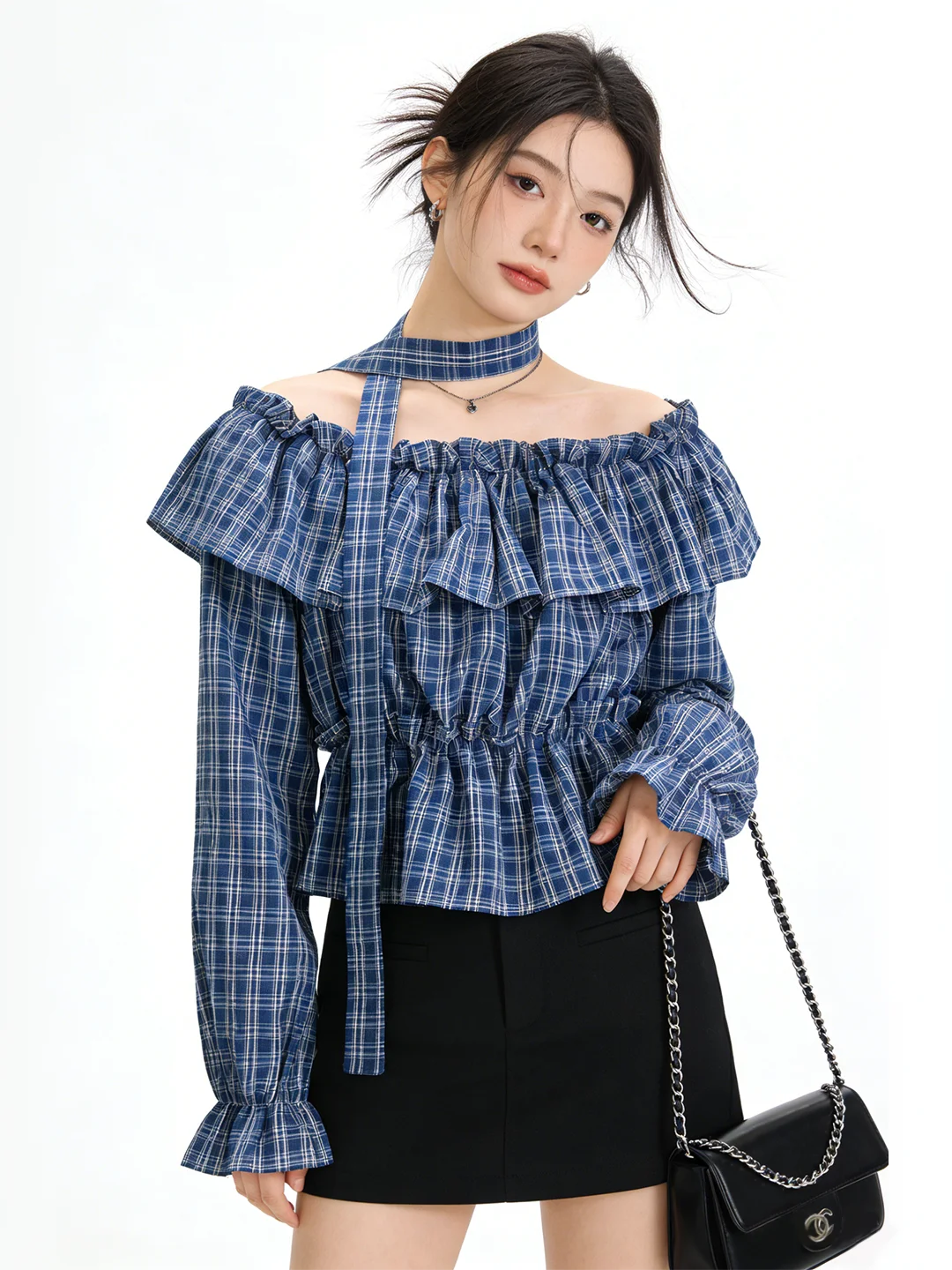 

Spring Summer New Sle French Faion Slim Fit irt Floral Patchwork Plaid Women's ort irt One oulder Waist in