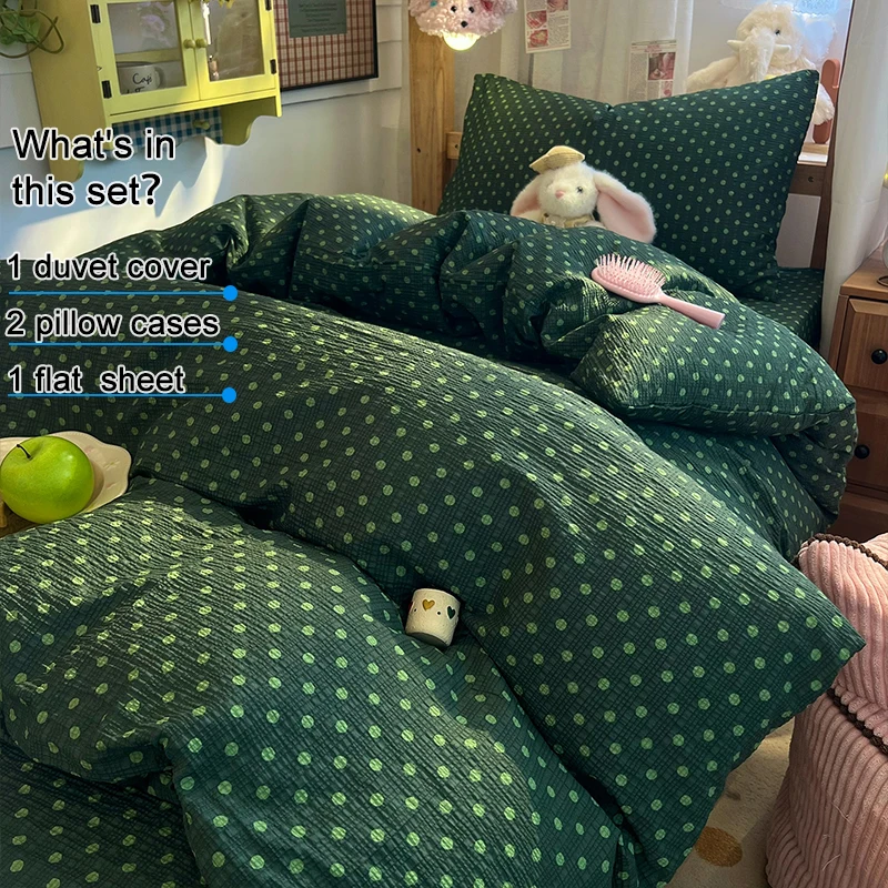 Dark‑Green Polka‑Dot Bubble Crinkle Microfiber Bedding Set,1 Duvet Cover,1 Flat Sheet & 2 Pillowcases,Soft Breathable Bed Linens