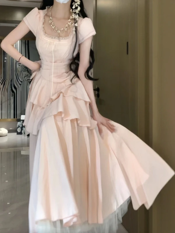 

Gentle Wind Unique Beautiful Long Skirt Waist Cinching Dress Cotton Polyester Fiber High Waist French Style Summer Dress