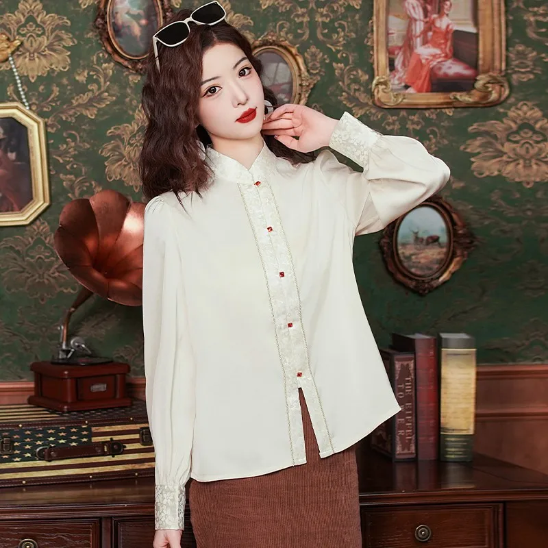 Chinese Stijl Dames Casual Shirt Met Lange Mouwen Nieuw 2024 Vintage Mandarijnkraag Basics Dames Elegante Tops Shirts W1881