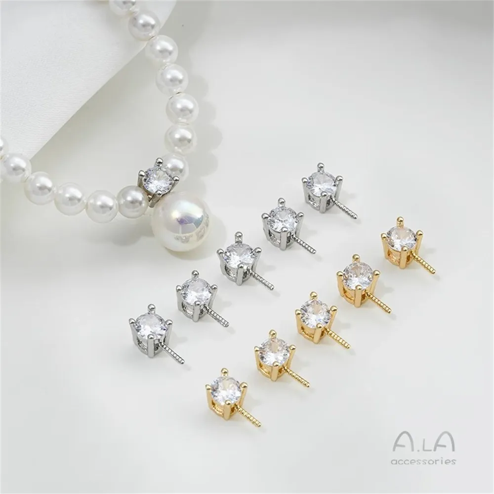 

14K Gold-plated Classic Diana Single Zirconia Pin; DIY Hand-strung Pearl Jewelry Accessory with A Hollow Bead Pendant