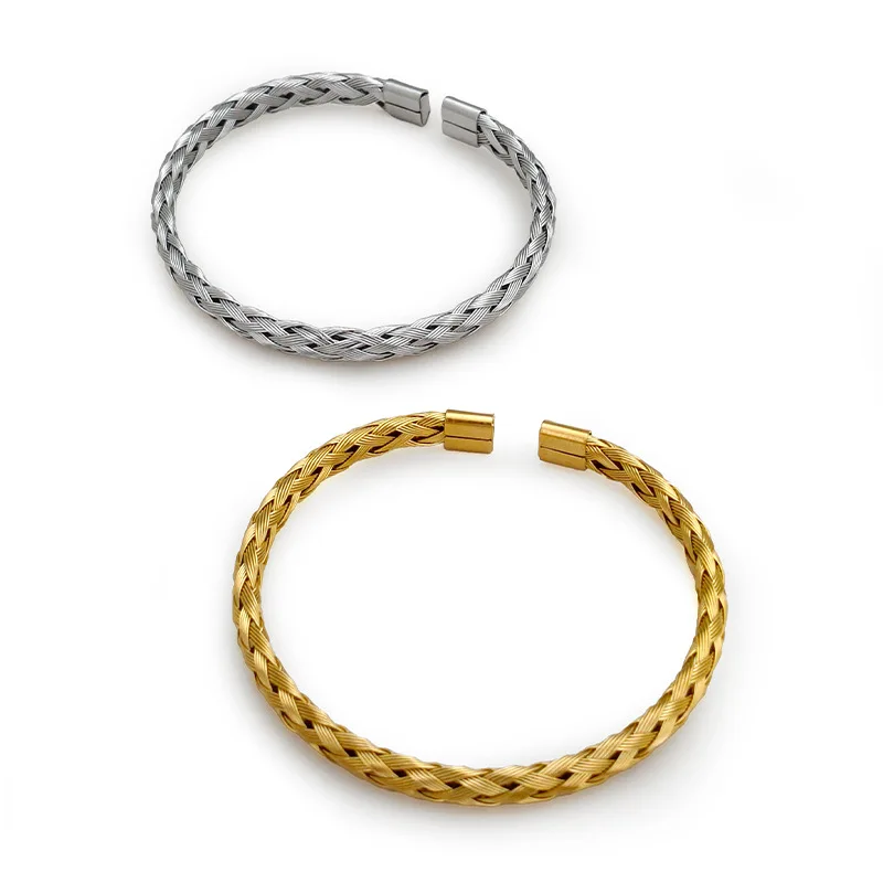 Woven Bracelet for Women, Adjustable Open-End Bangle 18K Gold Plated Stainless Steel, Delicate Hypoallergenic Jewelry Gift