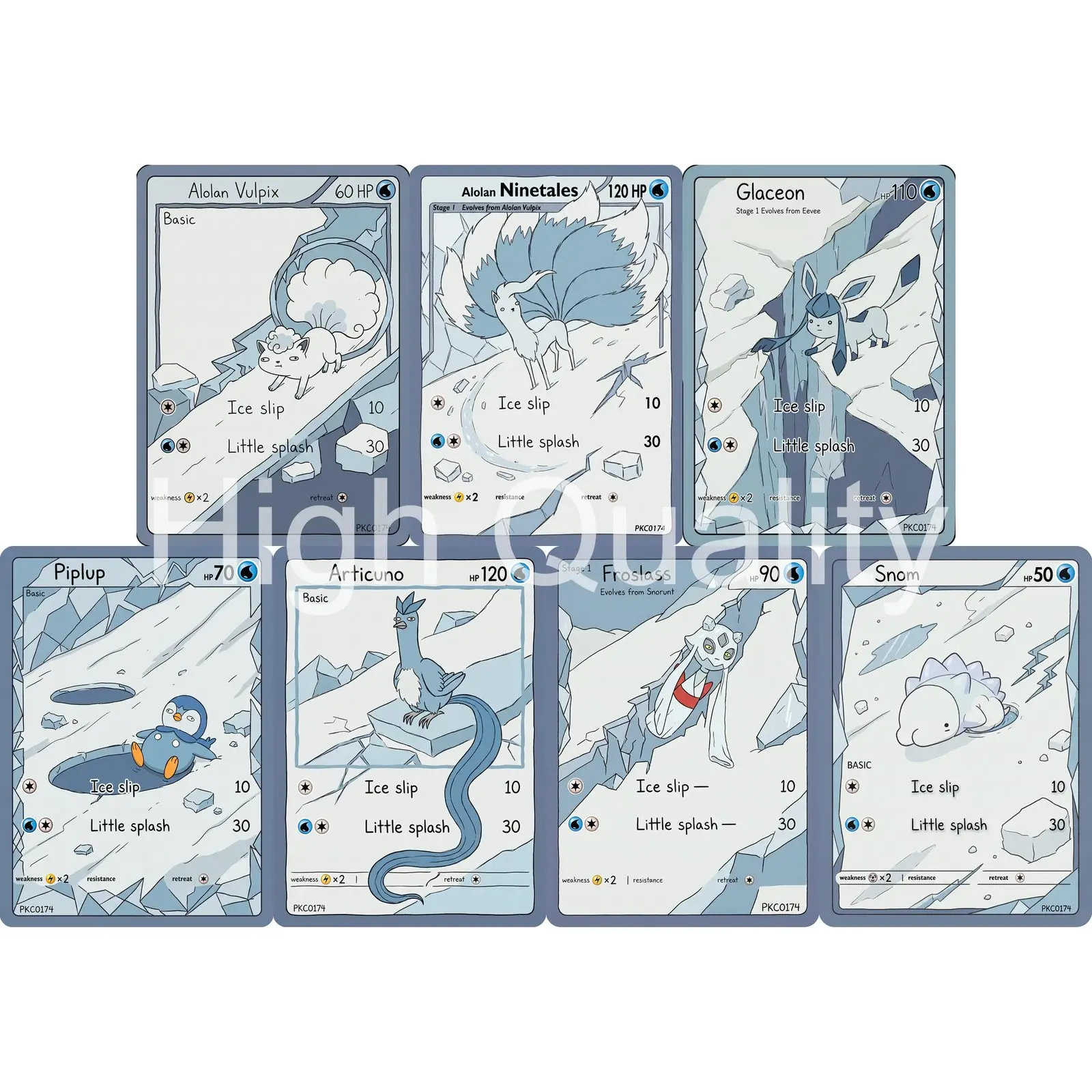 7Pcs PKM Cards PTCG Snow Doodle Style Alolan Vulpix Alolan Ninetales Glaceon Piplup Articuno Froslass Snom Cards PTCG Gift