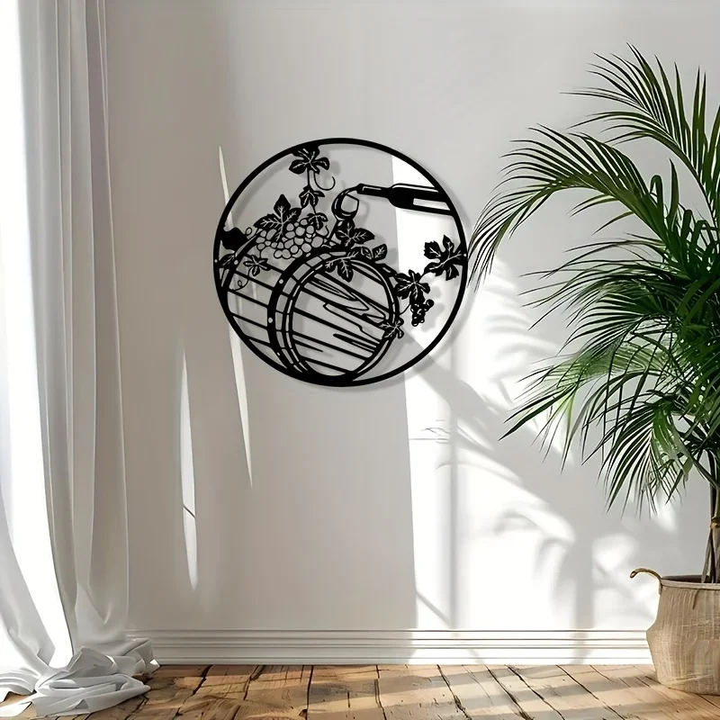 2D Flat Wine Barrel Grapes Iron Wall Hanging,Vineyard Silhouette,for Bar Kitchen Dining Room ****