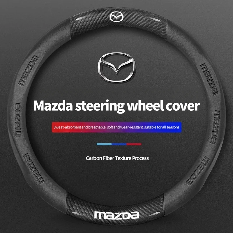 For Mazda Steering Wheel Cover Genuine Leather Carbon Fiber Fit Axela Atenza CX30 CX4 CX5 CX8 CX3 CX9 CX50 CX60 CX70 CX80 MX30