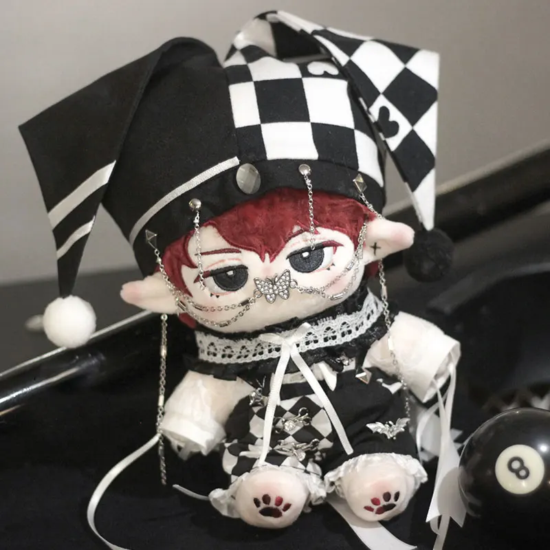 20cm Plush Toy Doll Clothes Fairy Tale Circus Black White Clown Cosplay Costume Clown Hat Black White Checkered Pants Set