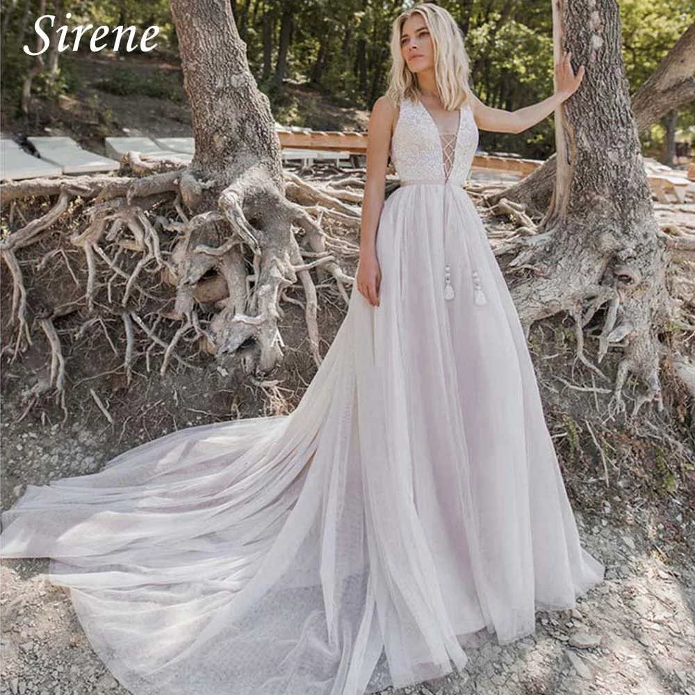 Sirene-Robes de mariée élégantes à col en V profond, appliques en dentelle, robe A-Line FibrPatients, robe en tulle noir, robe éducative à lacets