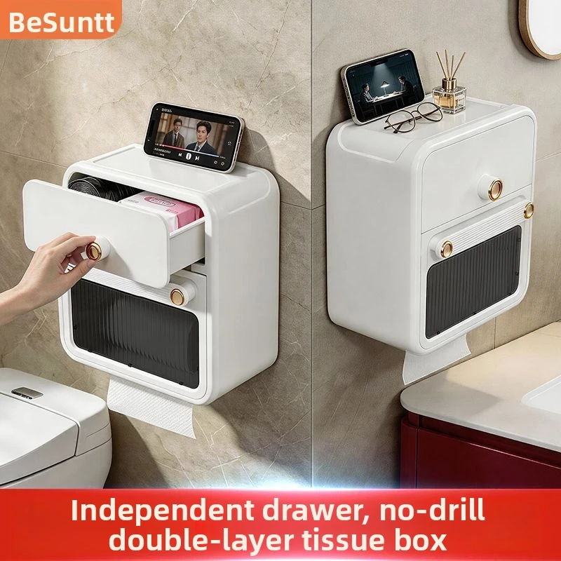 Toilet Paper Holder Wall Mounted Bathroom Tissue Boxes Drawer Storage No Drilling Plastic White Waterproof Moisture Proof Phone