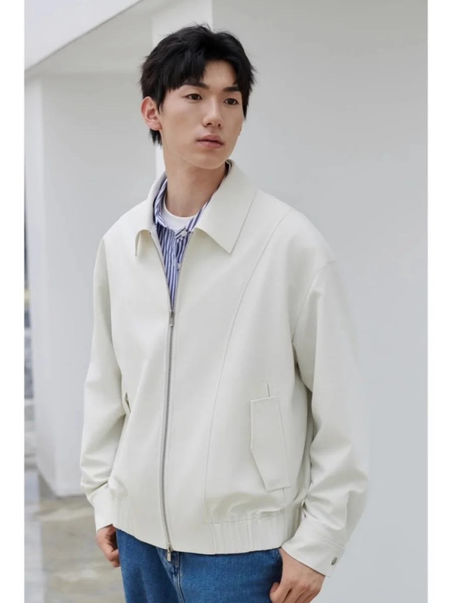 

Новая осенняя повседневная куртка-харрингтон с отложным воротником чисто белого цвета для мужчин, универсальная верхняя одежда на весну-осень