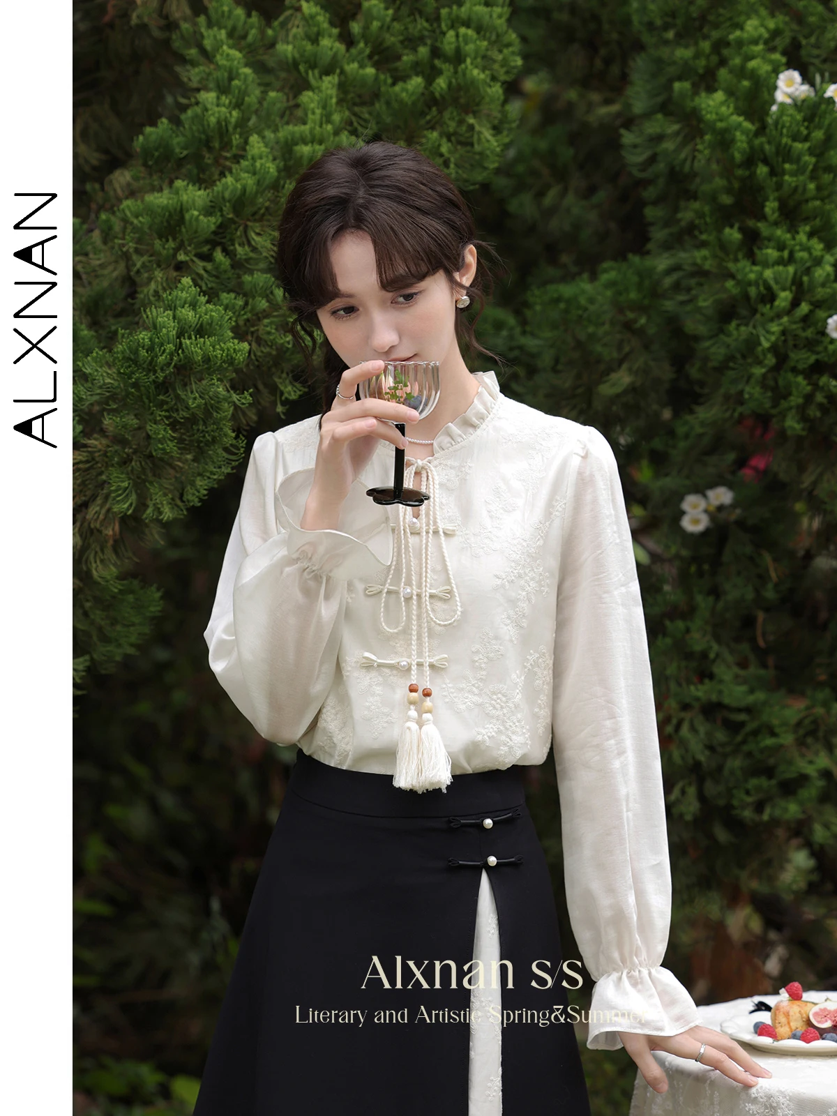 ALXNAN Chinese Style Long Sleeve Shirt Women 2024 Spring Autumn Ruffle Collar Button Down Blouse Embroidered Lace-up Tops L33558