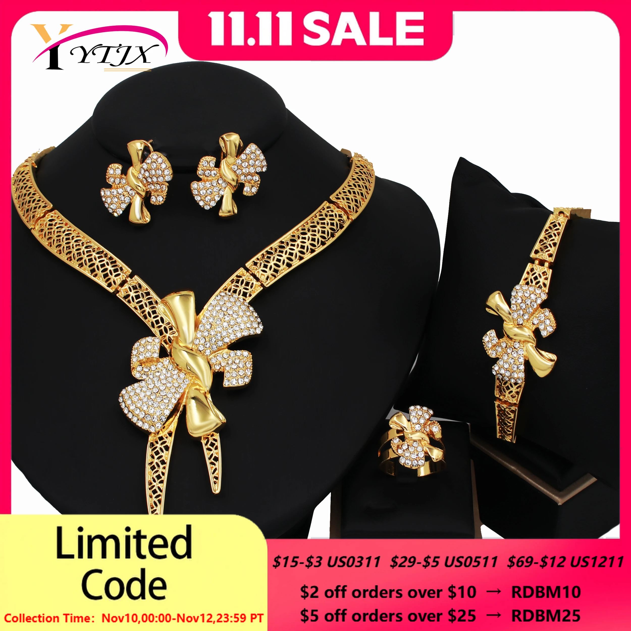 

YTJX комплект свадебных украшений, 18-каратное позолоченное ожерелье с галстуком-бабочкой, браслет, серьги-гвоздики с бантом, кольцо для женщин, ювелирные изделия для свадебной вечеринки, подарок