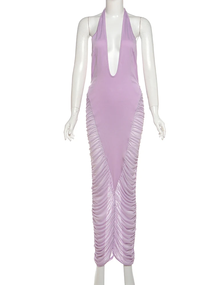 Nibber Halter Mesh Patchwork Maxi Dress Women Deep V-Neck Sexy Backless Midnight Trend Banquet Party Ruched Elegant Vestidos