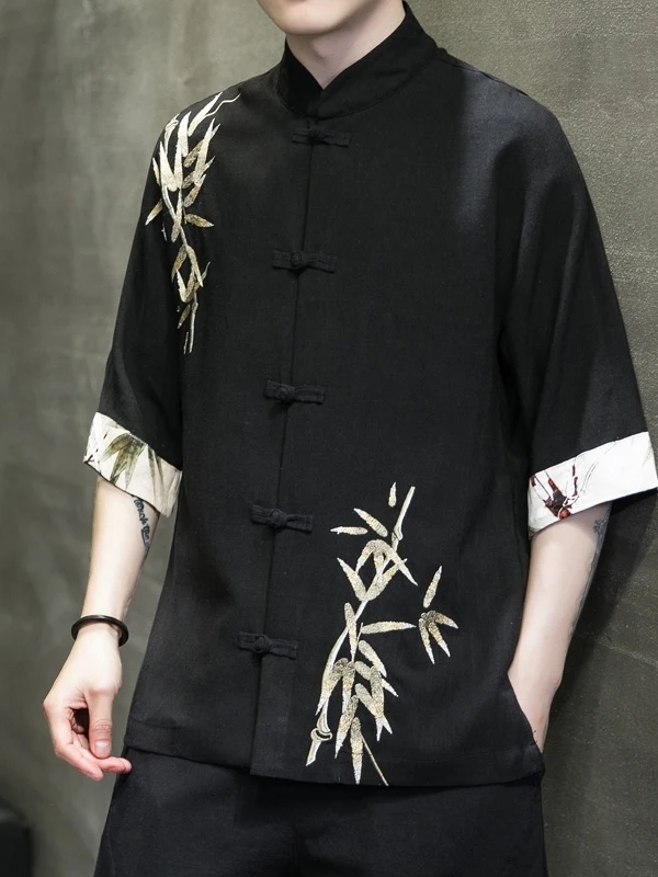 new-chinese-style-men's-short-sleeve-cotton-linen-shirt-summer-fashionable-casual-plant-floral-pattern-top-for-young-men