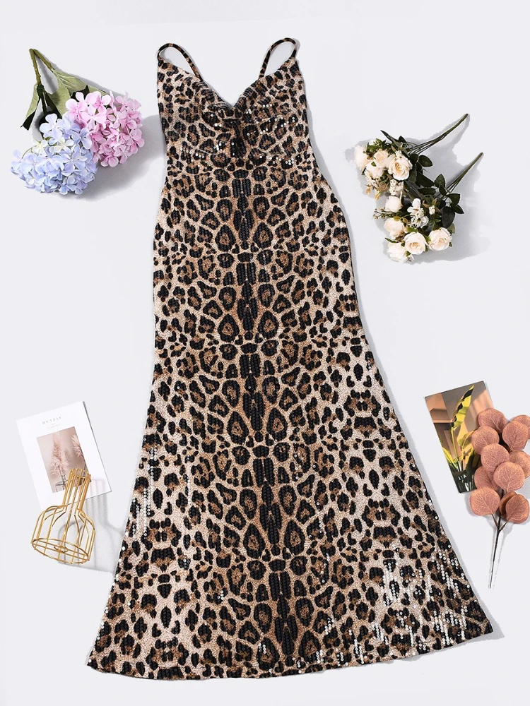 SsTss Vintage Leopard Print Camis Dress Mulheres Sexy Swinging Collar Sem Mangas Criss Cross Backless Slim Evening Party Maxi Vestido
