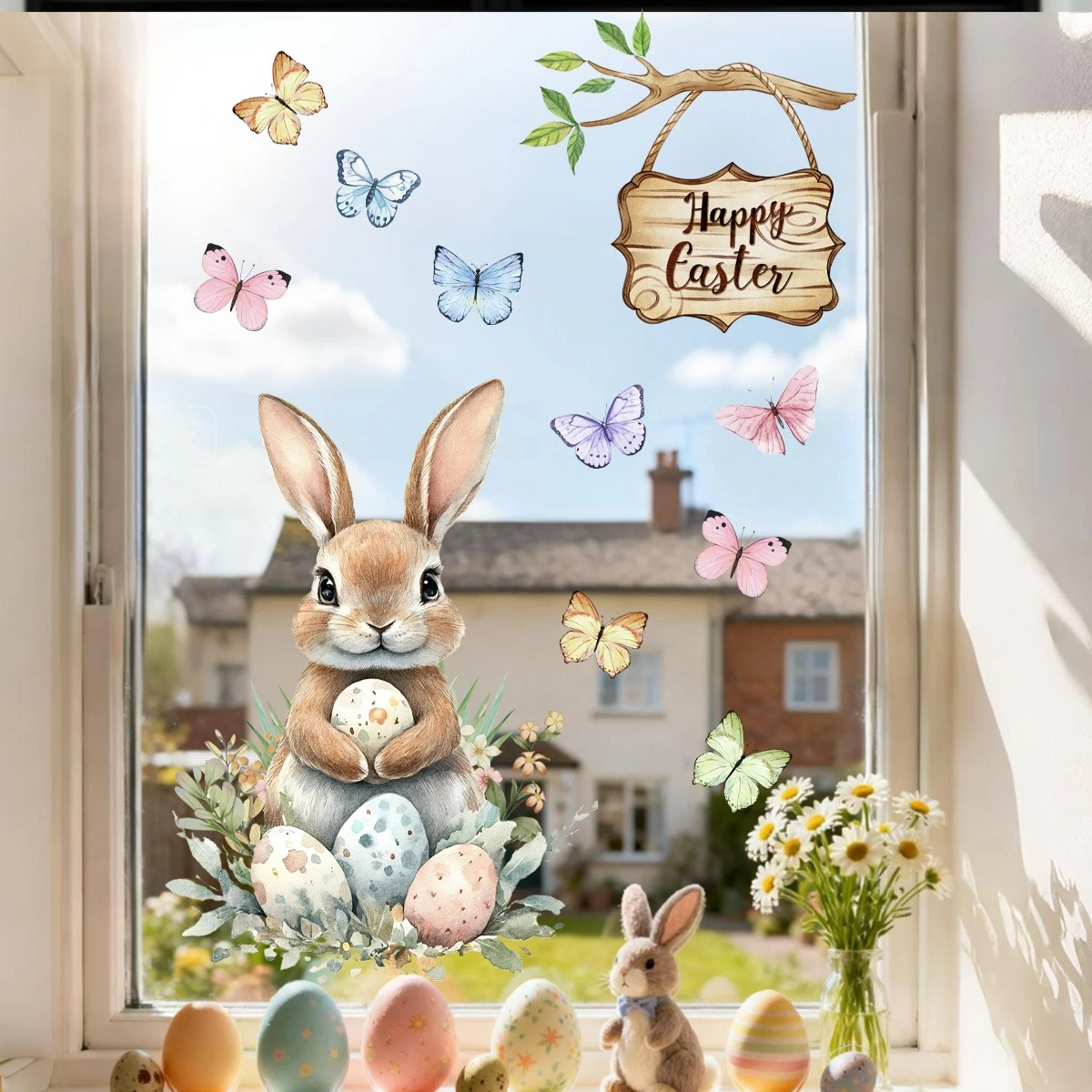 Große Oster-Fensterfolie, Hase, Küken, Ei, Schmetterling, Frühlings-Aufkleber für Glastüren & Spiegel, Ohne Klebstoffrückstände, Dekorative Verzierung